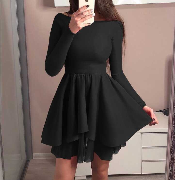 Solid Color Fashion Round Neck Long Sleeve Dress