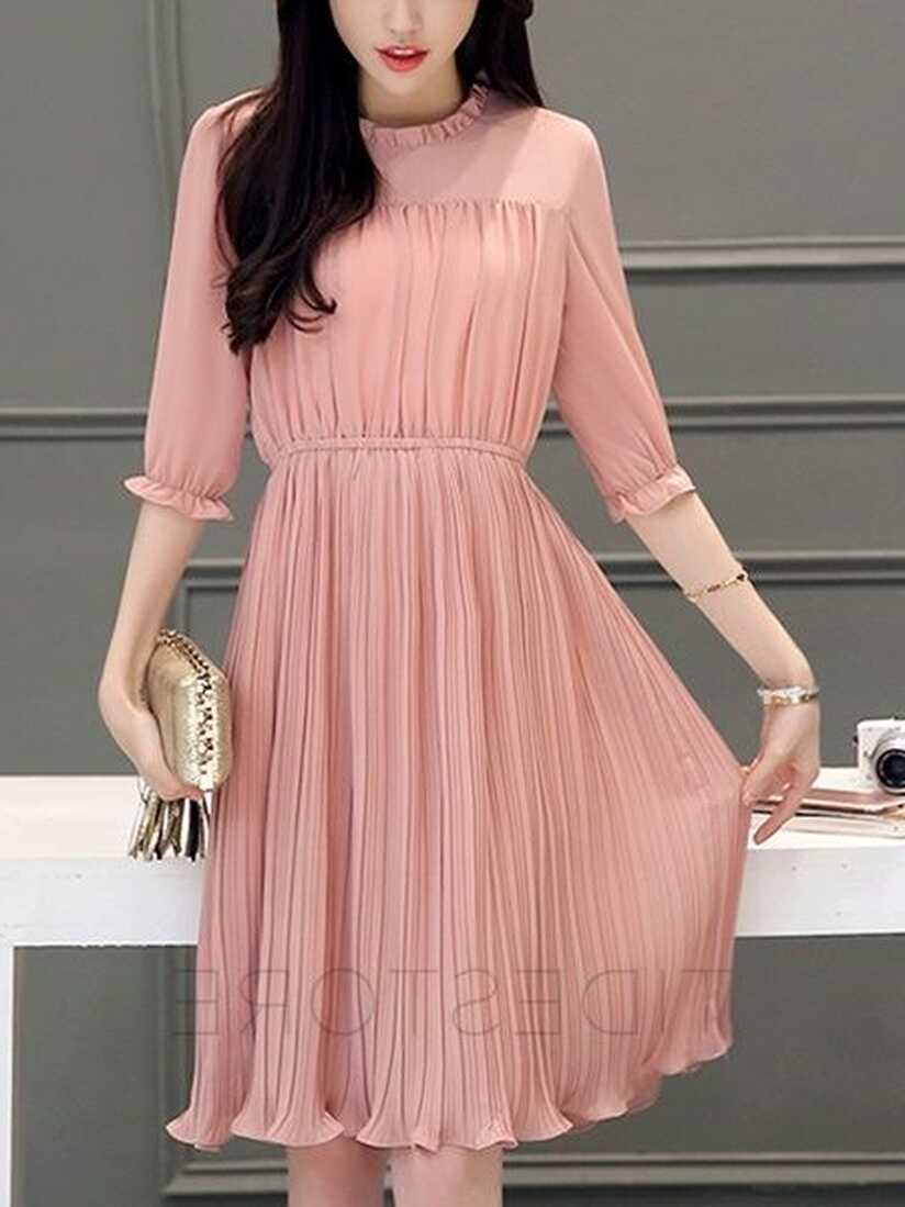 Solid Color Long Sleeve Chiffon Knee Length Day Dress | Stylish ...