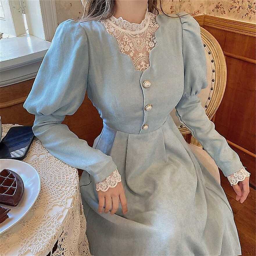 Solid Elegant Dress Women Winter Patchwork Lace Party Midi Dress ...