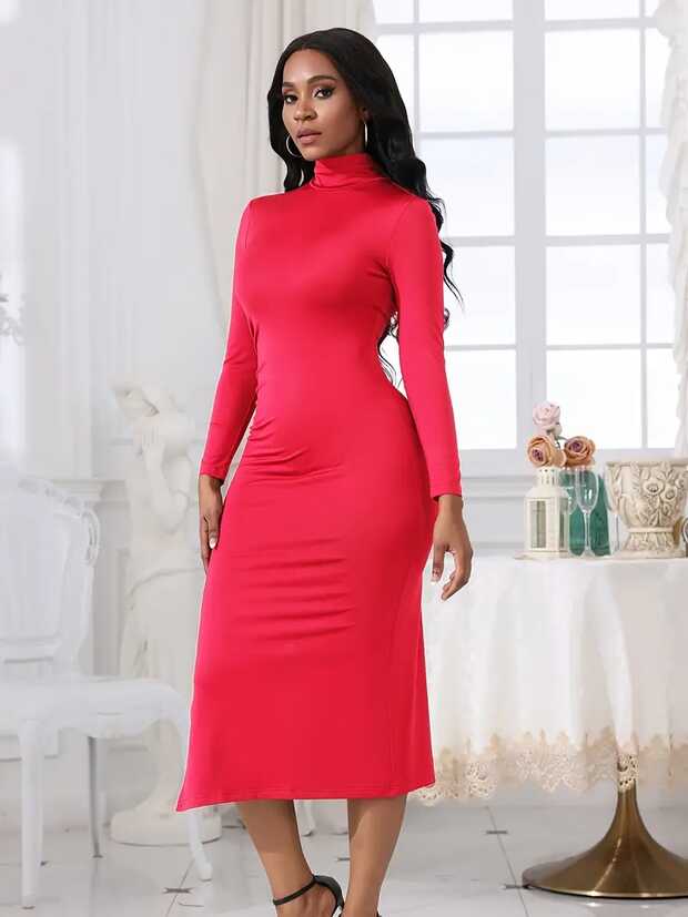 Solid Mock Neck Dress Casual Long Sleeve Bodycon Split Dress ...