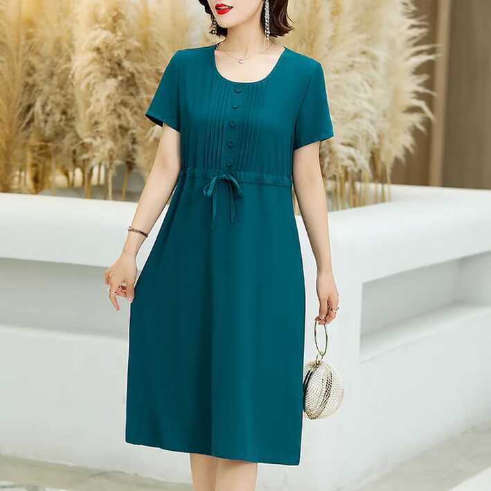 Solid O-neck Loose Casual Ladies Dresses Short Sleeve Dress For ...