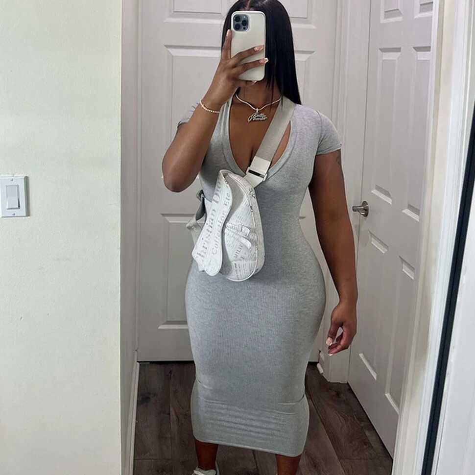 Solid Ribbed Knit Bodycon Maxi Dress Women Short Sleeve V-neck ...