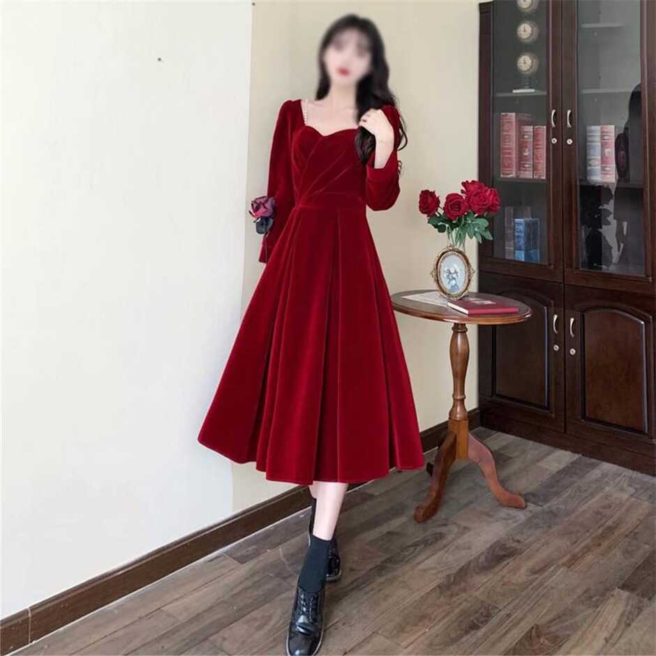 Solid Square Neck Flared Elegant Velvet Dress Women High Waist ...