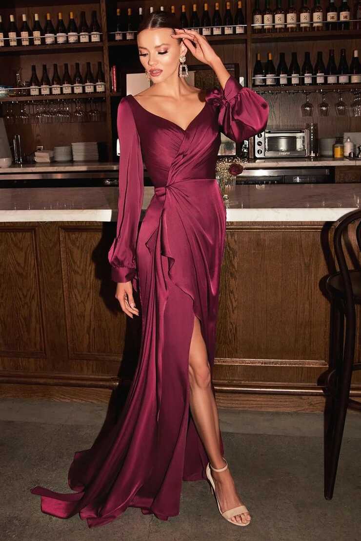 Sophisticated Long Sleeve Satin Burgundy Evening Gown 7478