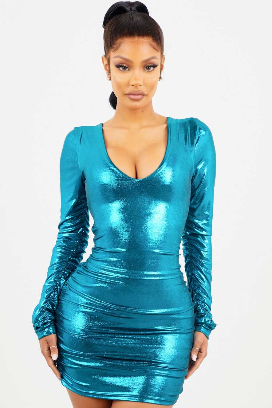 Sorella Blue Metallic Ruched Mini Dress - sosorella