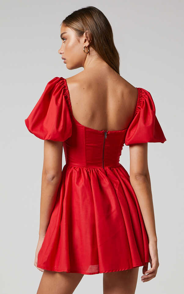 Souza Mini Dress - Fit and Flare Puff Sleeve Corset Dress in Red ...