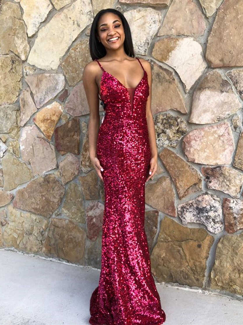 Spaghetti Long Sheath Burgundy Sequin Prom Dresses, Simple Sparkle ...