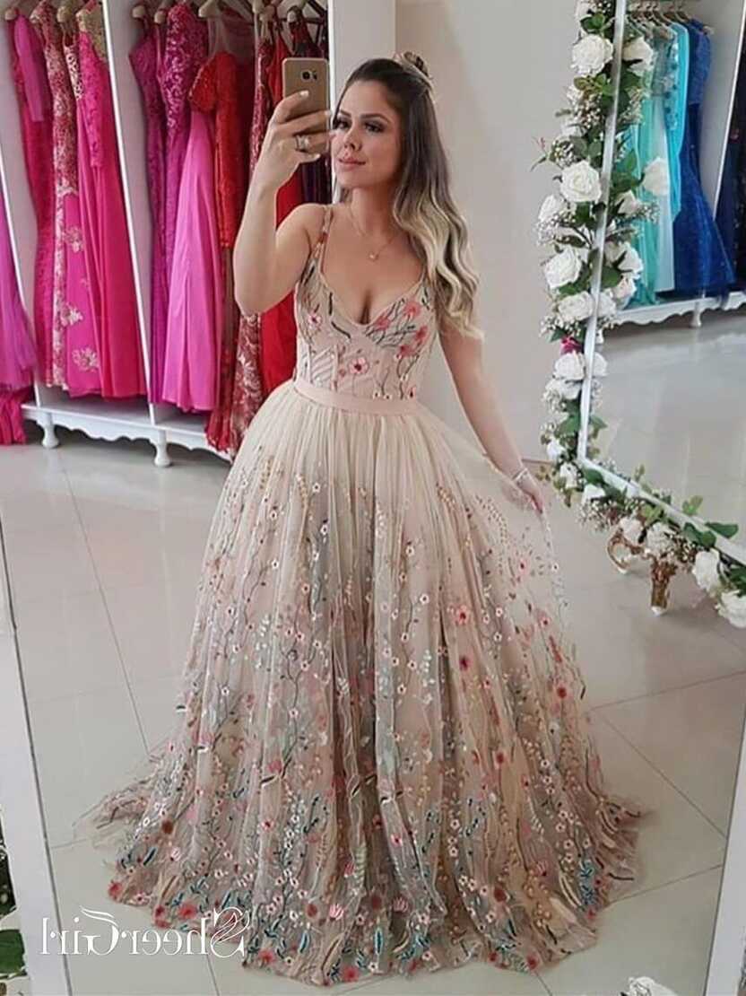 Spaghetti Strap Floral Embroidery Prom Dresses Long Formal Dress ...