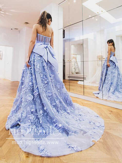 Spaghetti Strap Flower Applique Sky Blue Prom Dresses Ball Gown ...