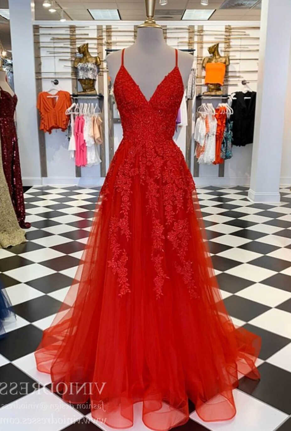 Spaghetti Strap Red Prom Dresses Lace Appliqued Tulle Formal Dress ...