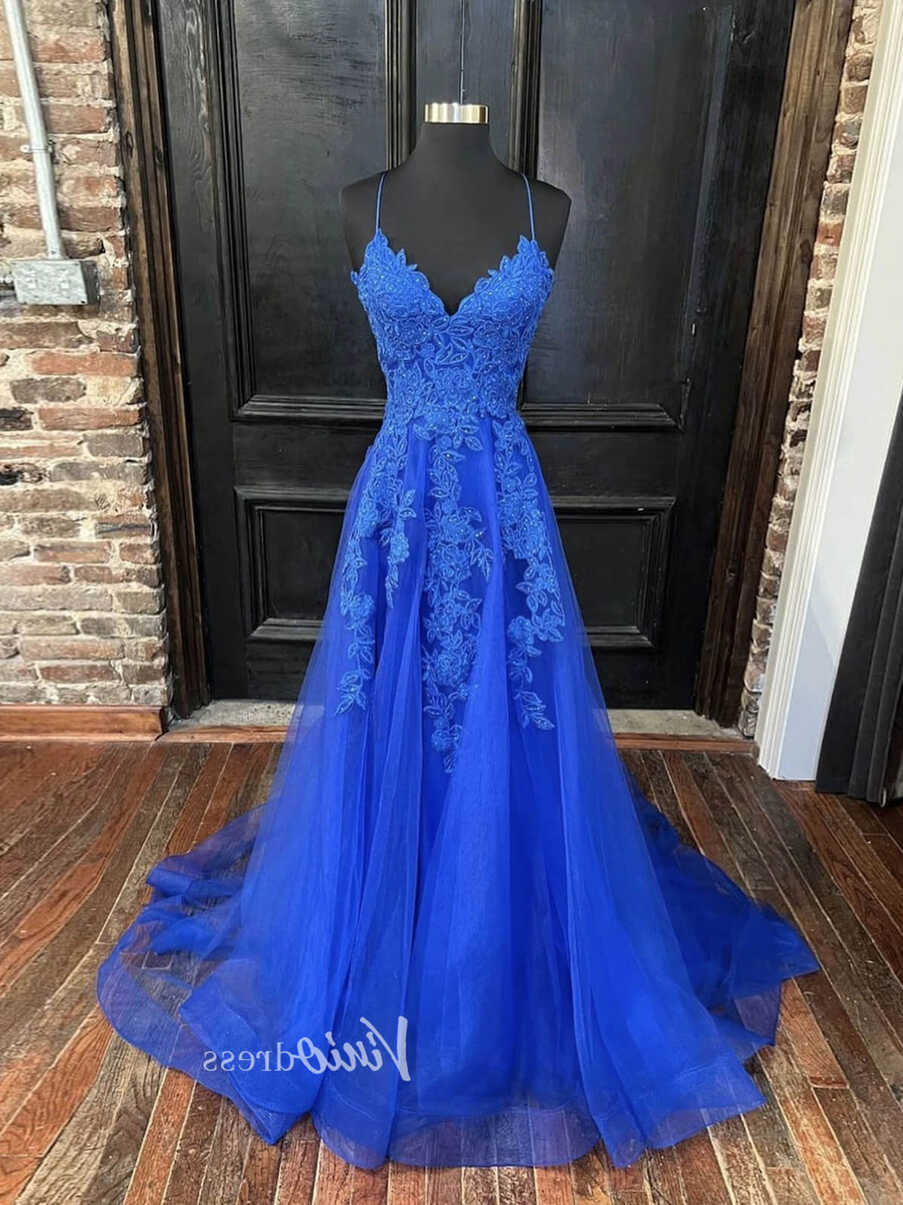 Spaghetti Strap Royal Blue Prom Dresses Lace Appliqued Tulle ...