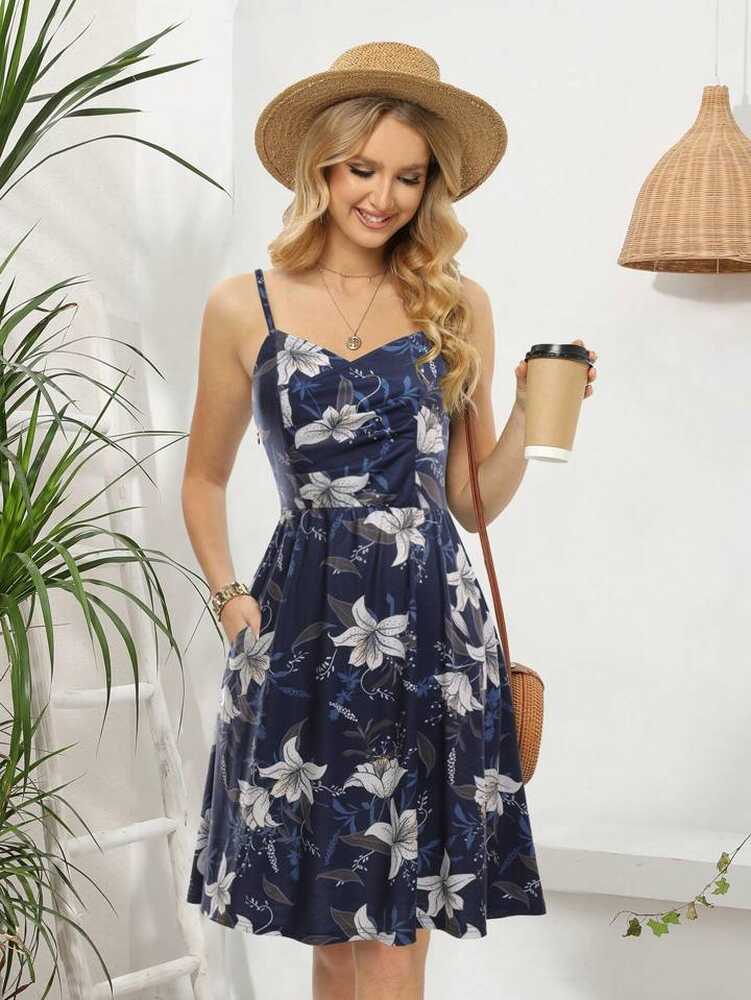 Spaghetti Strap Ruched Flowy Summer Dress Casual Blue Floral Swing ...