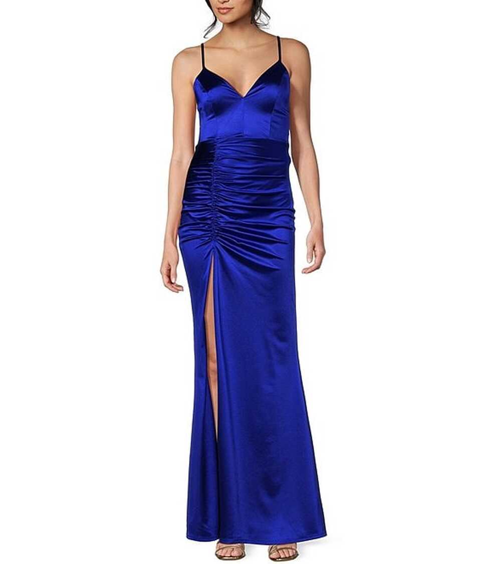 Spaghetti-Strap V-Neck Ruched Slit Silky Long Dress | Dillard&#39;s