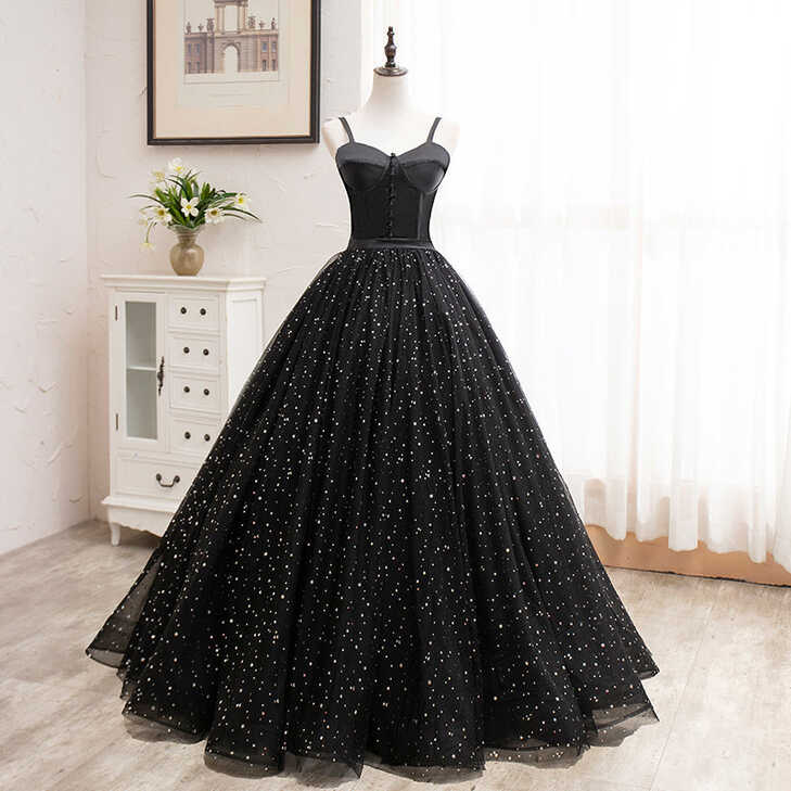 Spaghetti Straps Ball Gown Black Princess Prom Dresses ...