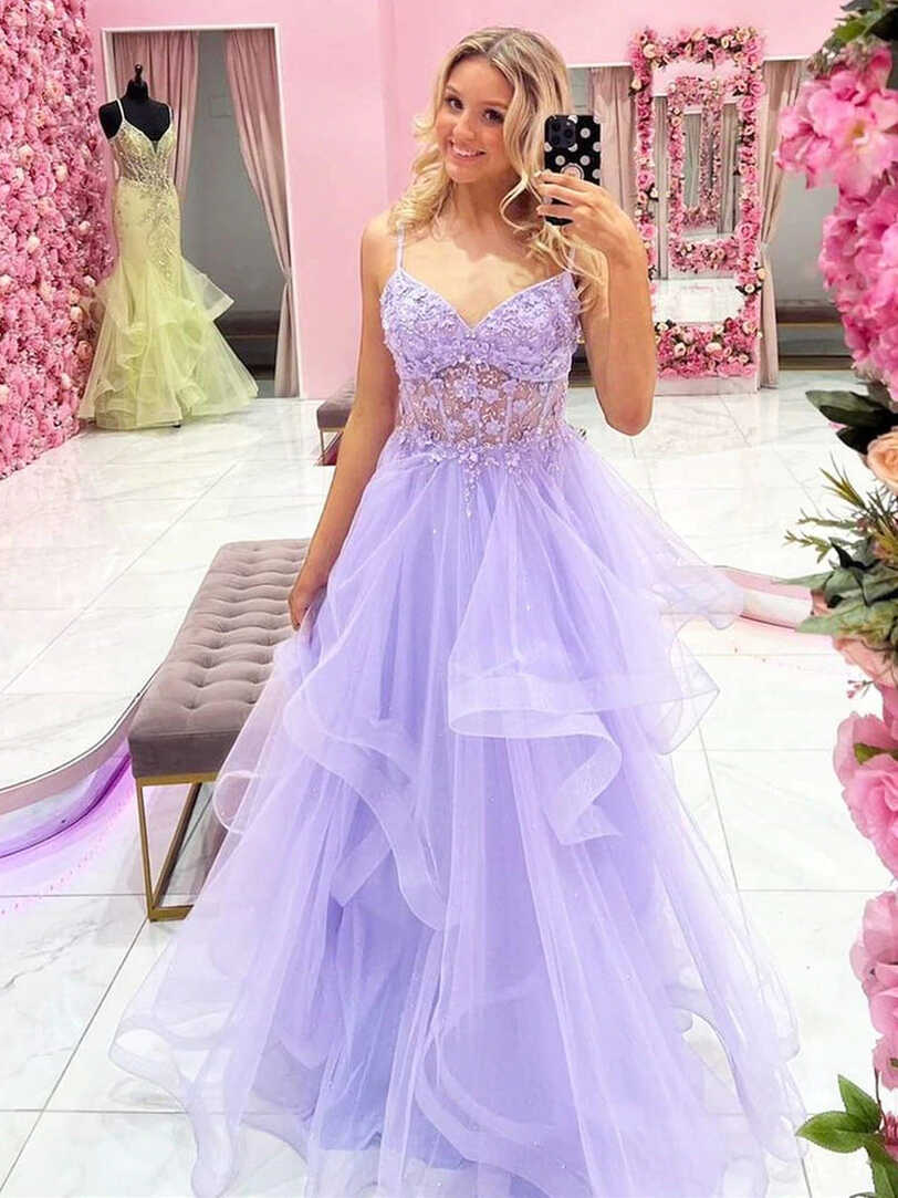 Spaghetti Straps Beading Purple Lavender Floral Long Prom Dress ...