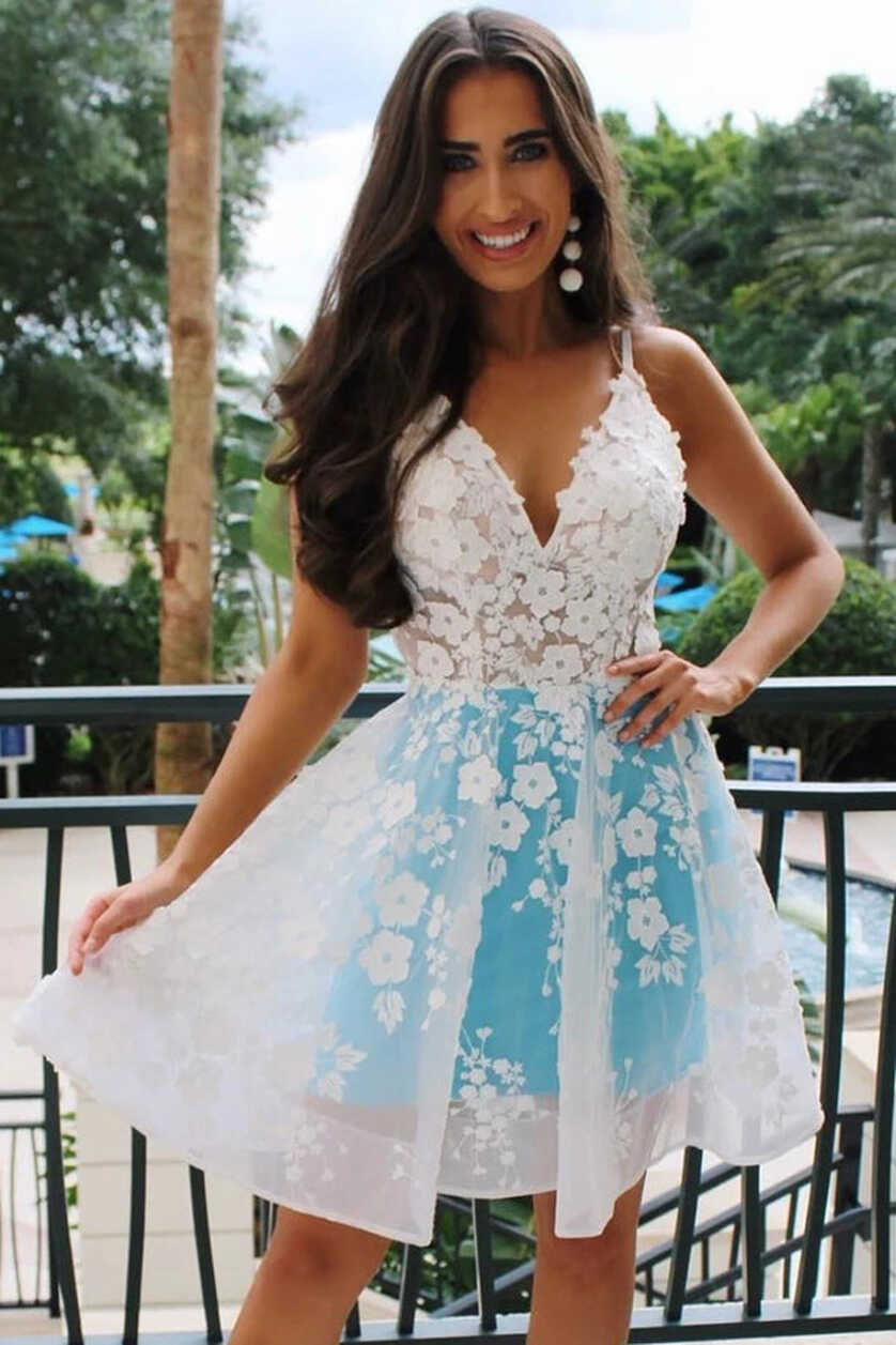 Spaghetti Straps Blue Applique Homecoming Dresses,MH511 | Musebridals