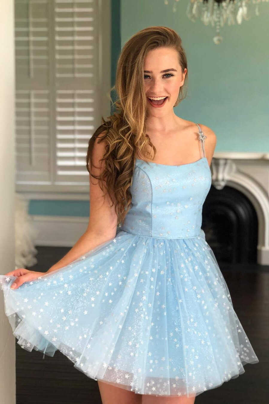 Spaghetti Straps Light Blue Short Homecoming Dress with Stars ...