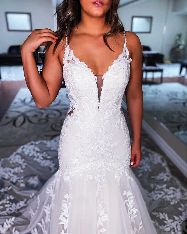 Spaghetti Straps Mermaid Lace Wedding Dresses Open Back Applique ...