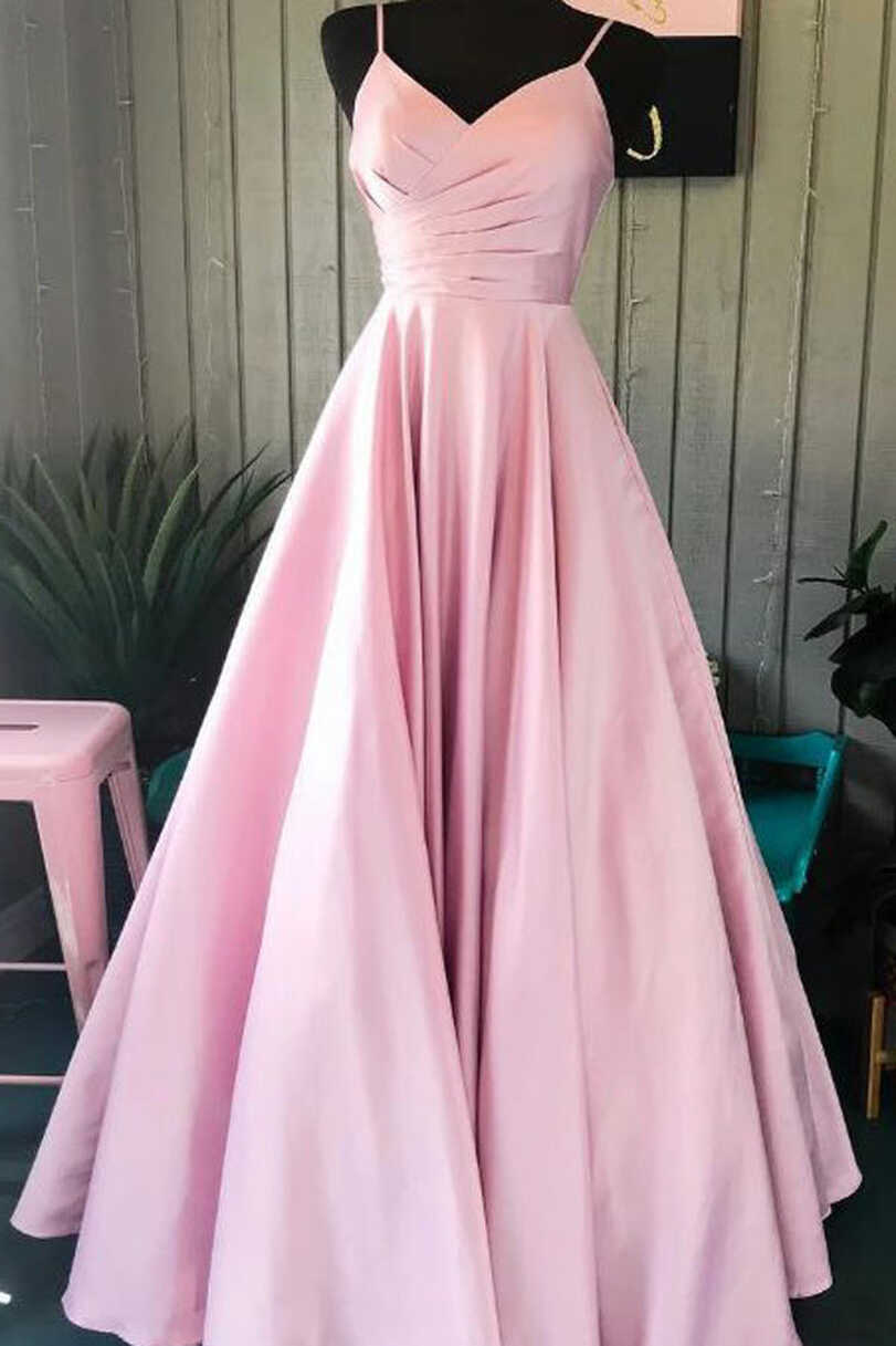 Spaghetti Straps Pink Satin Formal Dresses Pleated Bodice Simple ...