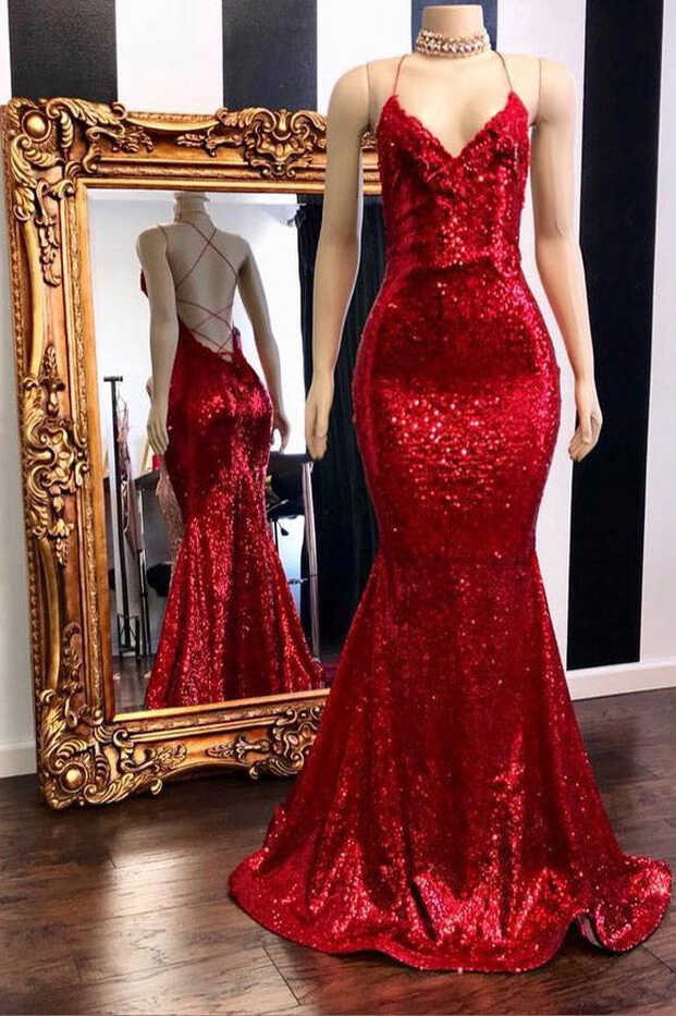 Spaghetti Straps Sequins Mermaid Long Red Prom Dress – FancyVestido