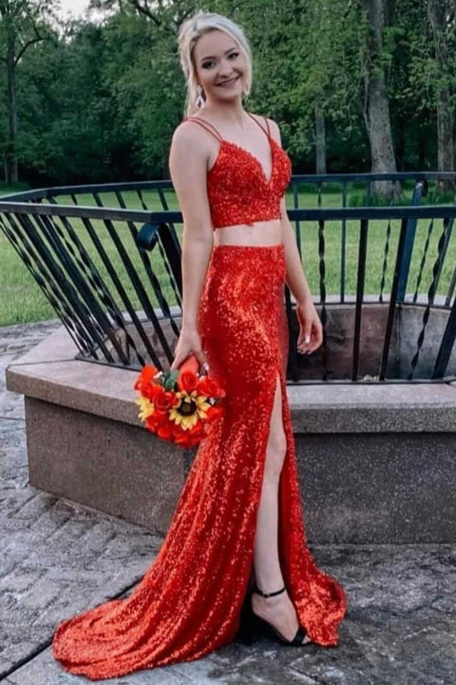 Spaghetti Straps Two Piece Red Sequins Prom Dress with Slit ...