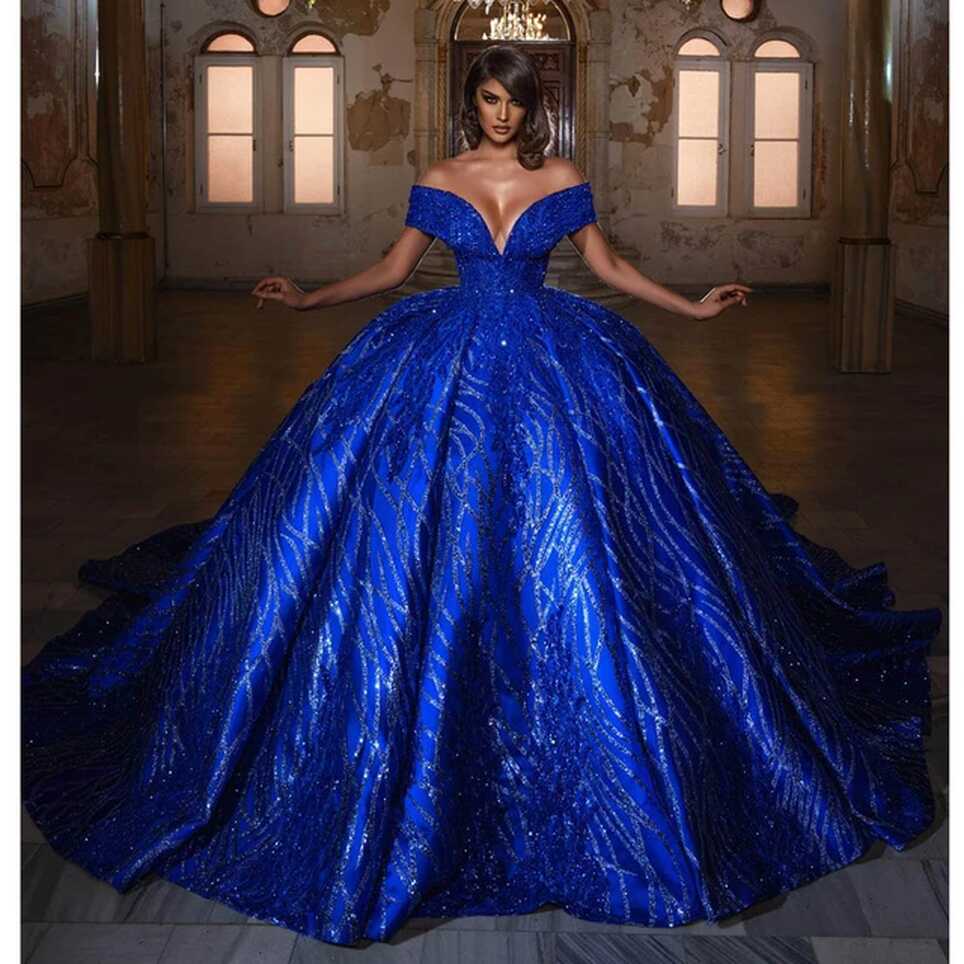 Sparking Royal Blue Wedding Dress Sweetheart Cap Sleeves Bridal ...