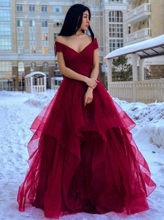 Sparkle Ball Gown V Neck Burgundy Off the Shoulder Prom Dress ...