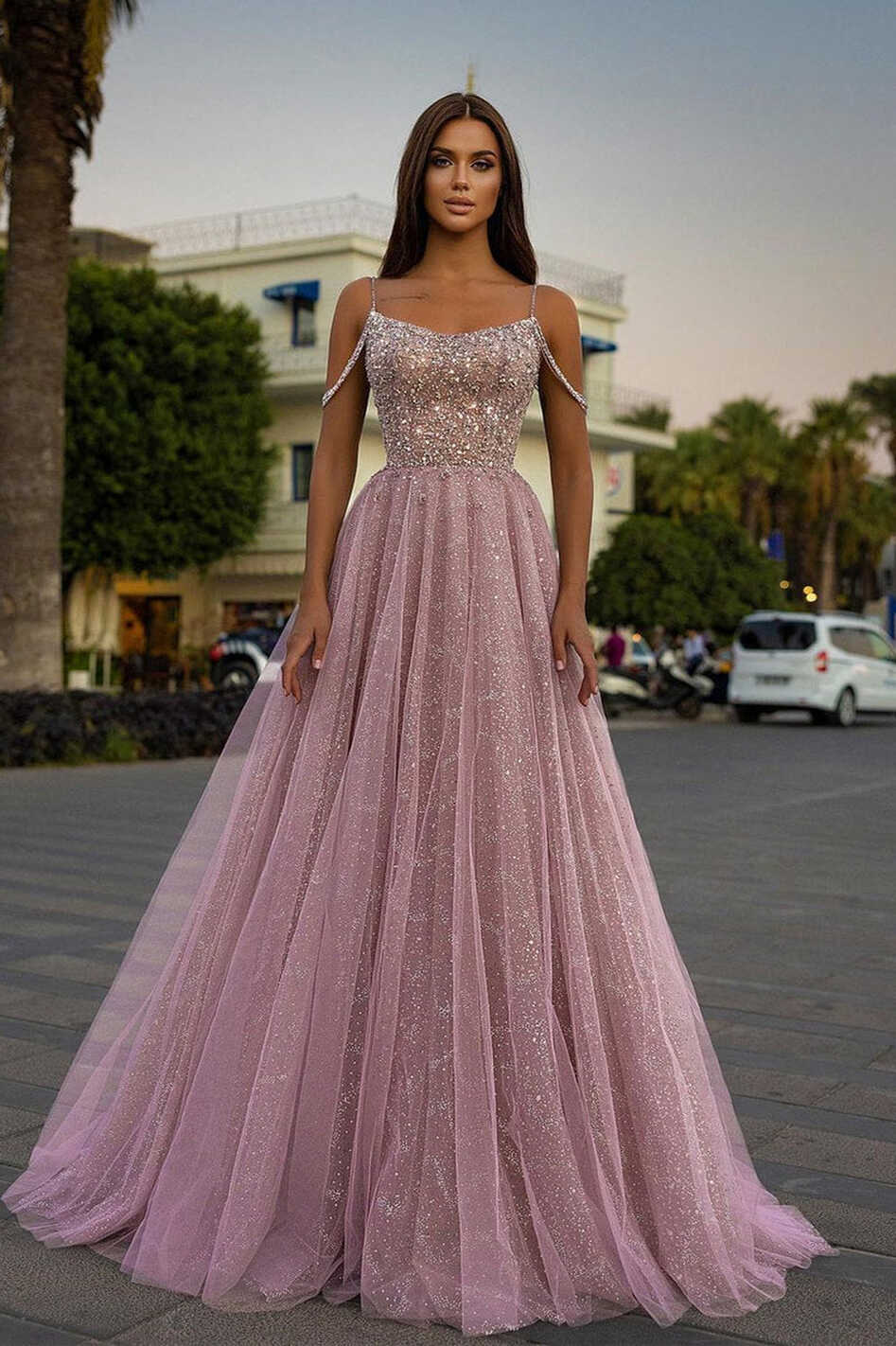 Sparkle Beaded Spaghetti straps A-line Pink Princess Prom Dress ...