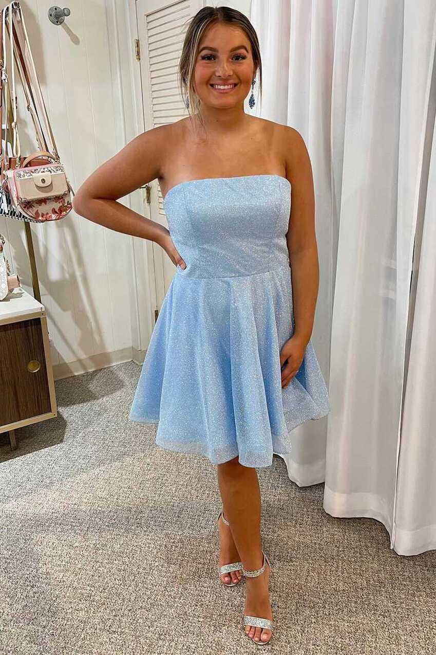 Sparkle Light Blue Strapless A-Line Short Dress – Dreamdressy