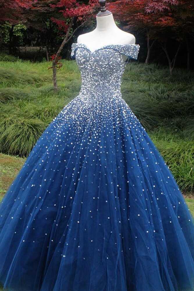 Sparkle Off the Shoulder Blue Ball Gown Prom Dresses, Puffy Tulle ...