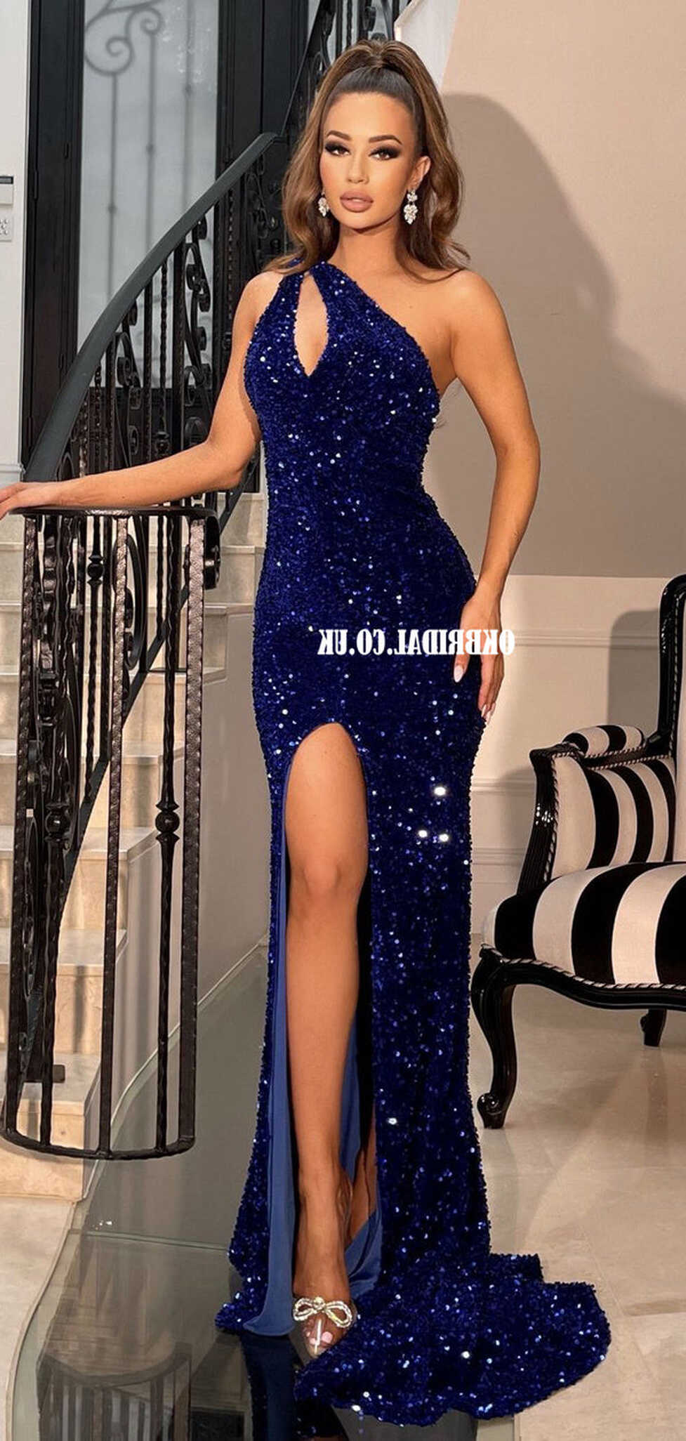 Sparkle Sequin Royal Blue Mermaid Slit One Shoulder Prom Dresses ...