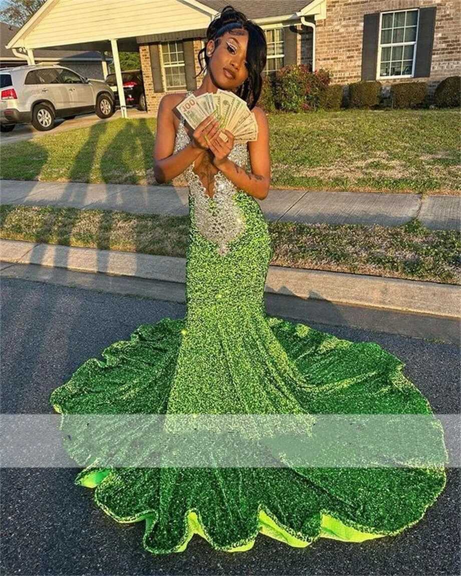 Sparkling Glitter Green Sequin Mermaid Green Sparkly Prom Dress ...