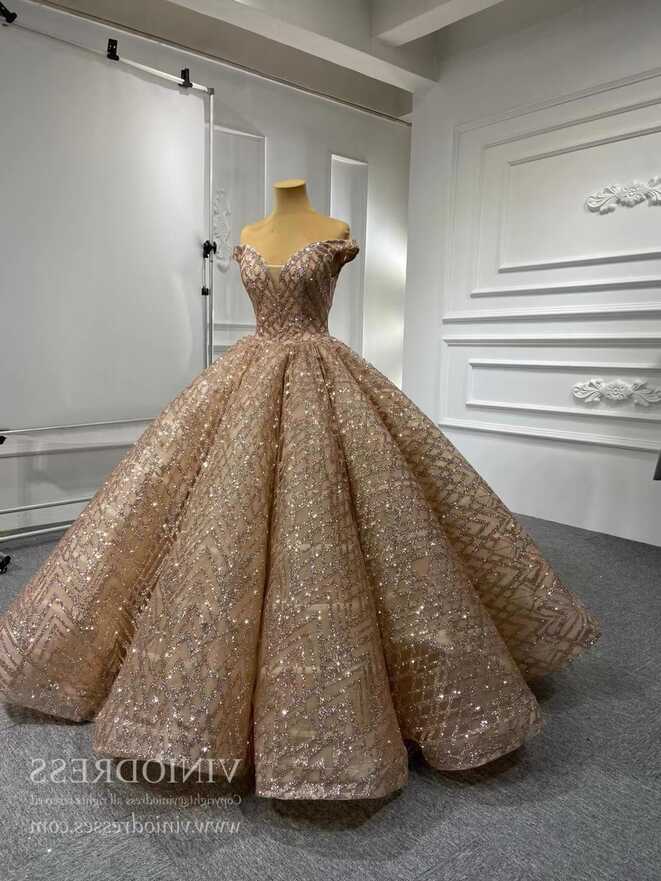 Sparkling Gold Ball Gown Prom Dresses Off Shoulder Quinceañera ...