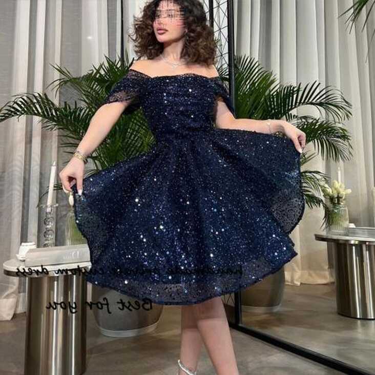 Sparkling Navy Blue Prom Party Dresses Off Shoulder Sequins Tulle ...