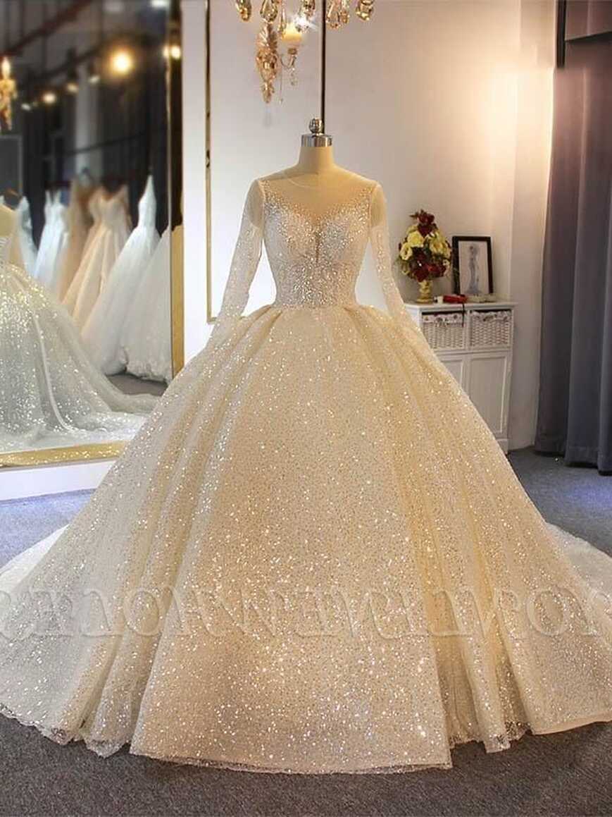 Sparkling Sequins Long Sleeve Ball Gown Wedding Dresses | Luxury ...