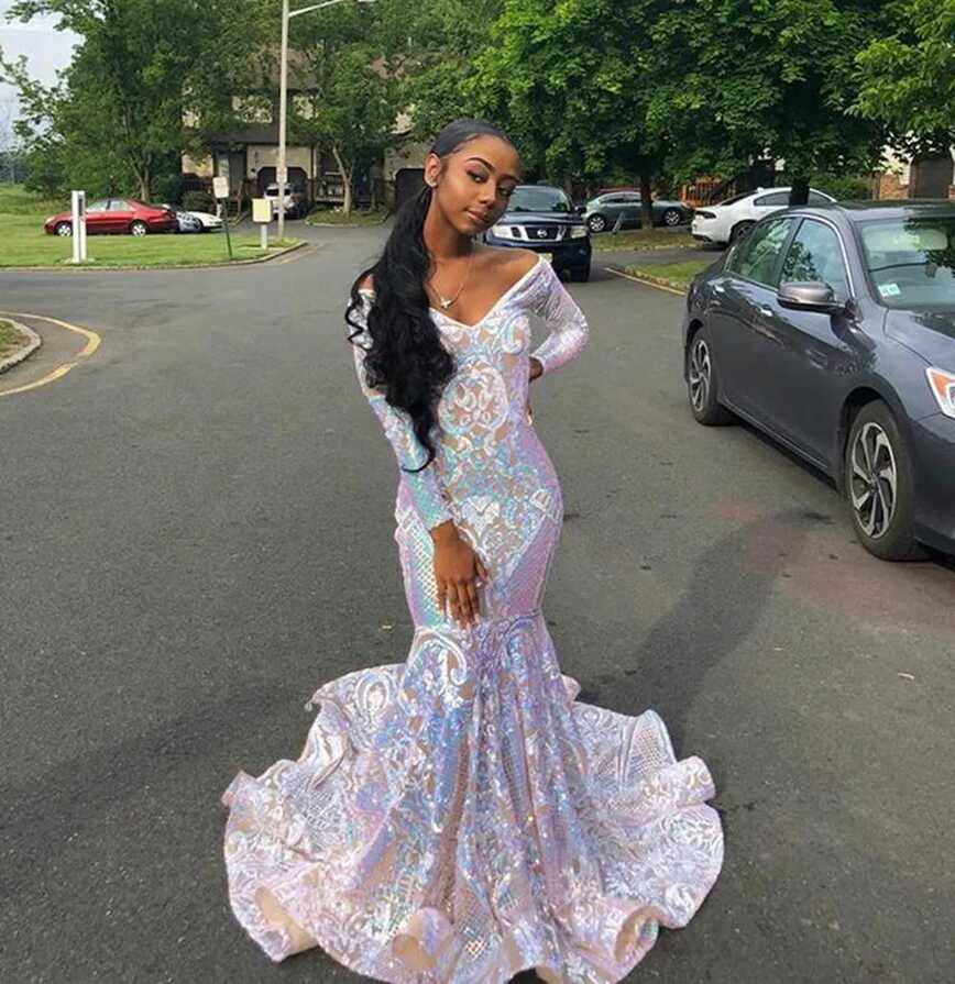 Sparkling White Lace Mermaid Prom Dress: Off Shoulder, Long ...