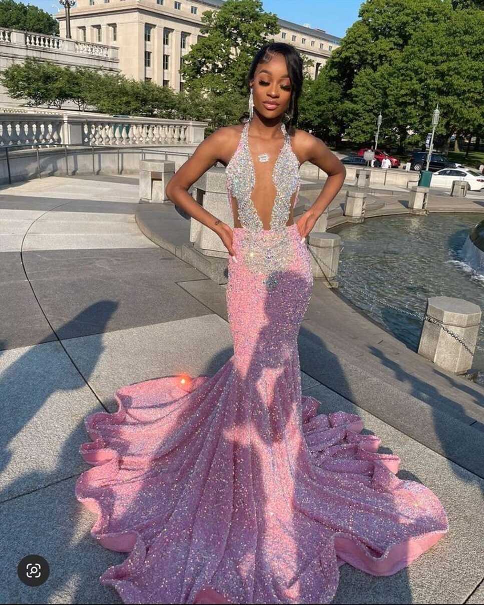 Sparkling pink prom dresses, Sexy sequins mermaid pink prom ...