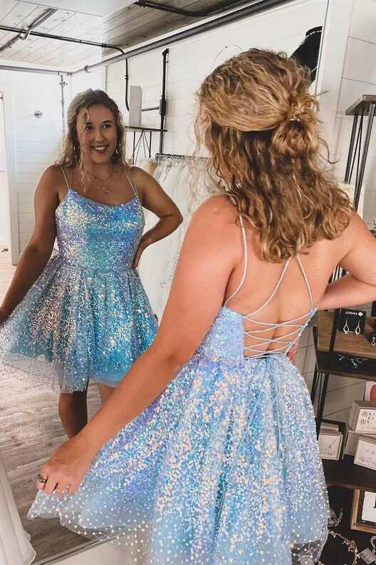 Sparkly A-line Light Blue Sequins Short Party Dress,Mini Prom ...