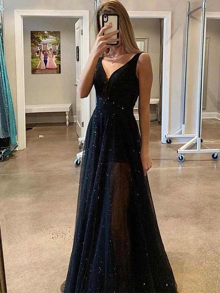 Sparkly Black A Line V Neck Sequins Long Prom Dresses, Black ...