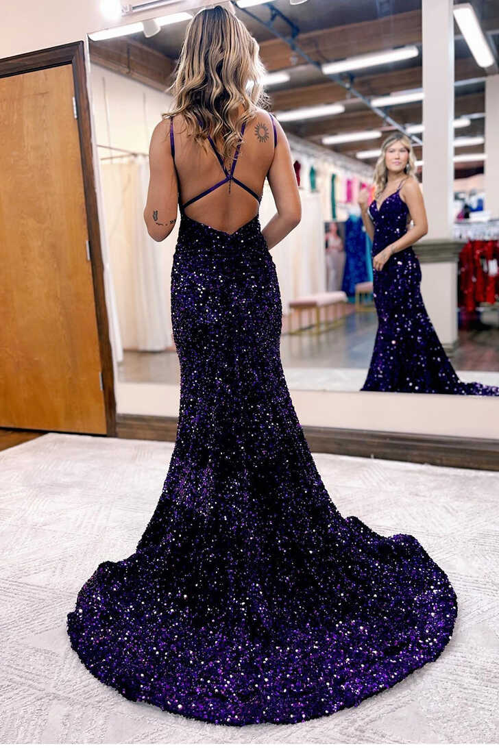 Sparkly Blue Mermaid Sequins Long Backless Prom Dress | KissProm