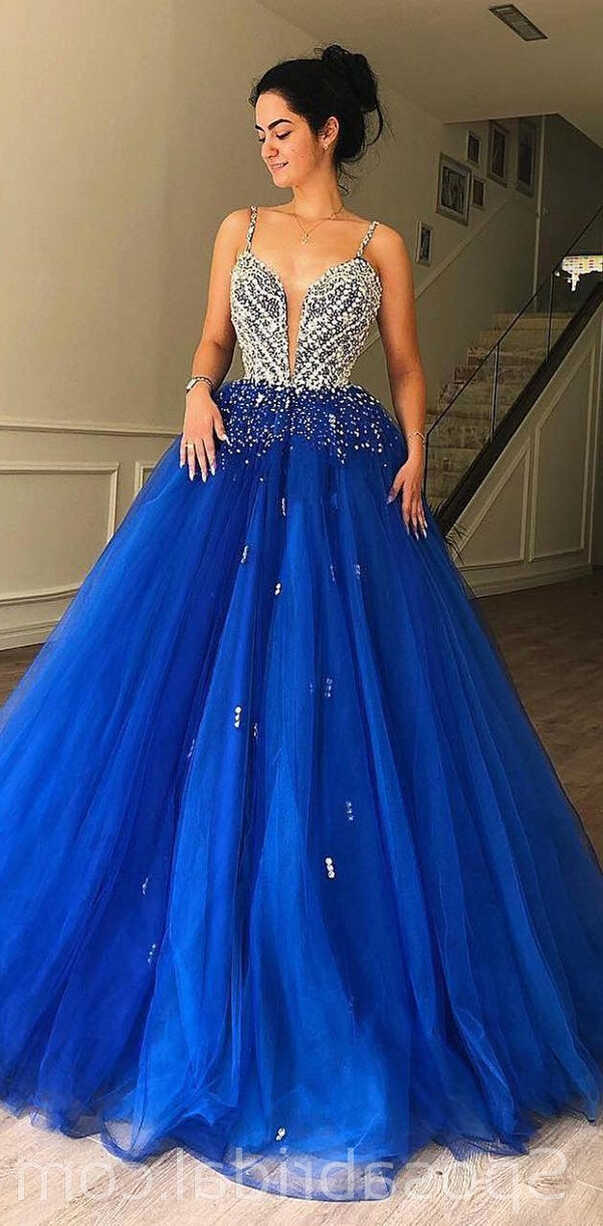 Sparkly Blue Tulle A-line Prom Dresses, Ball Gown , Modest Fashion ...