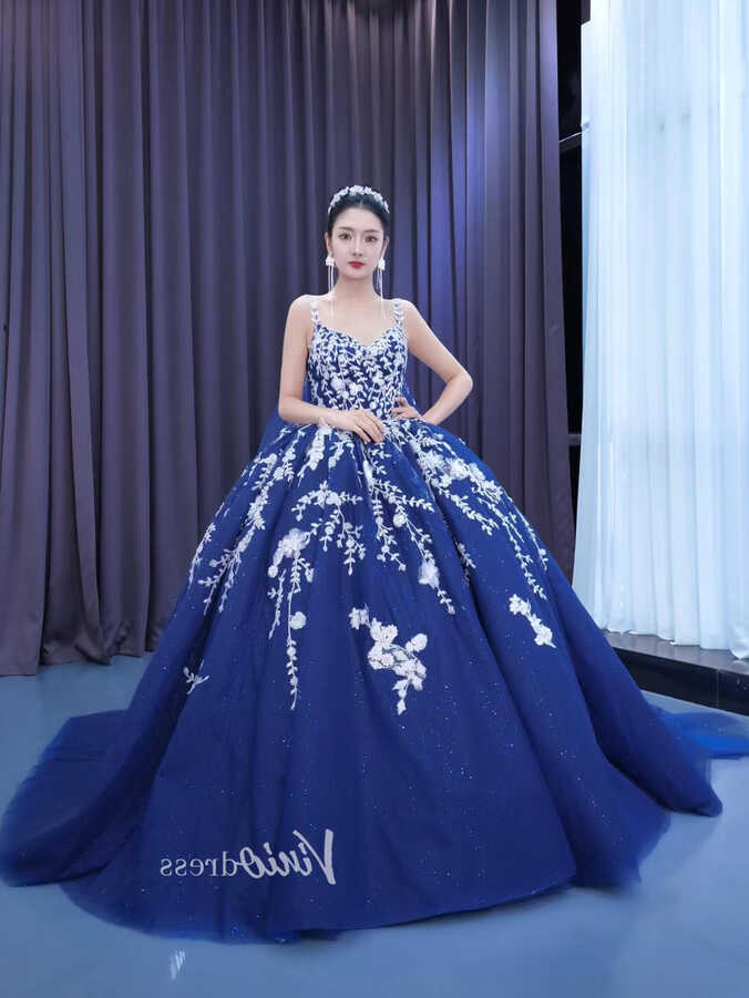 Sparkly Dark Blue Ball Gowns with Cape Debutante Princess Dresses ...