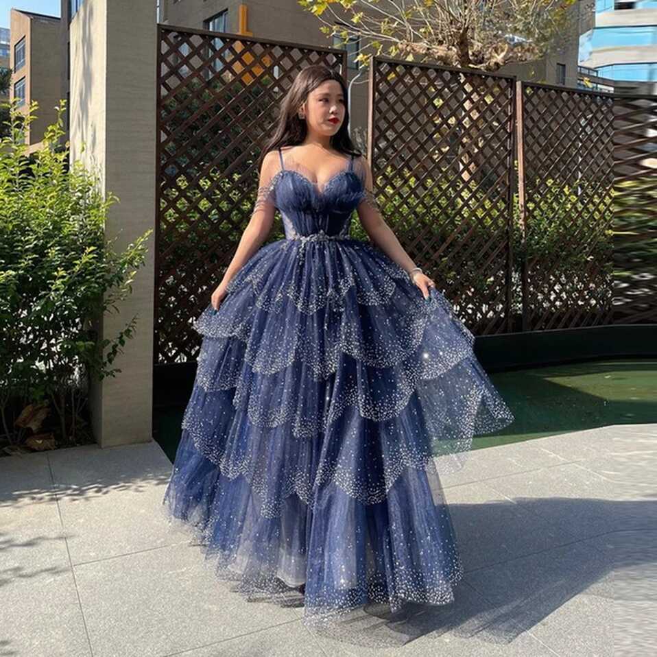 Sparkly Dark Blue Tulle Beaded Prom Dresses Spaghetti Straps ...