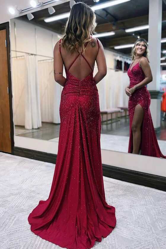 Sparkly Dark Red Sheath Long Prom Dress with Slit Y6682 ...