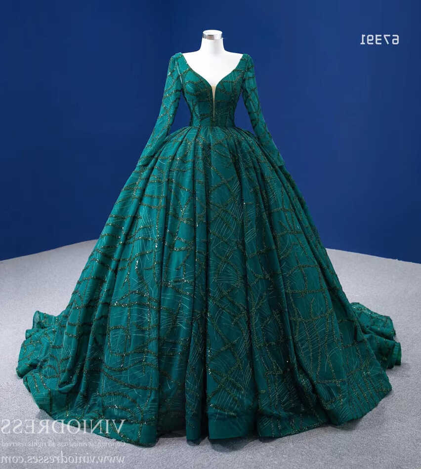 Sparkly Emerald Green Wedding Dress Long Sleeve Formal Gown 67391 ...