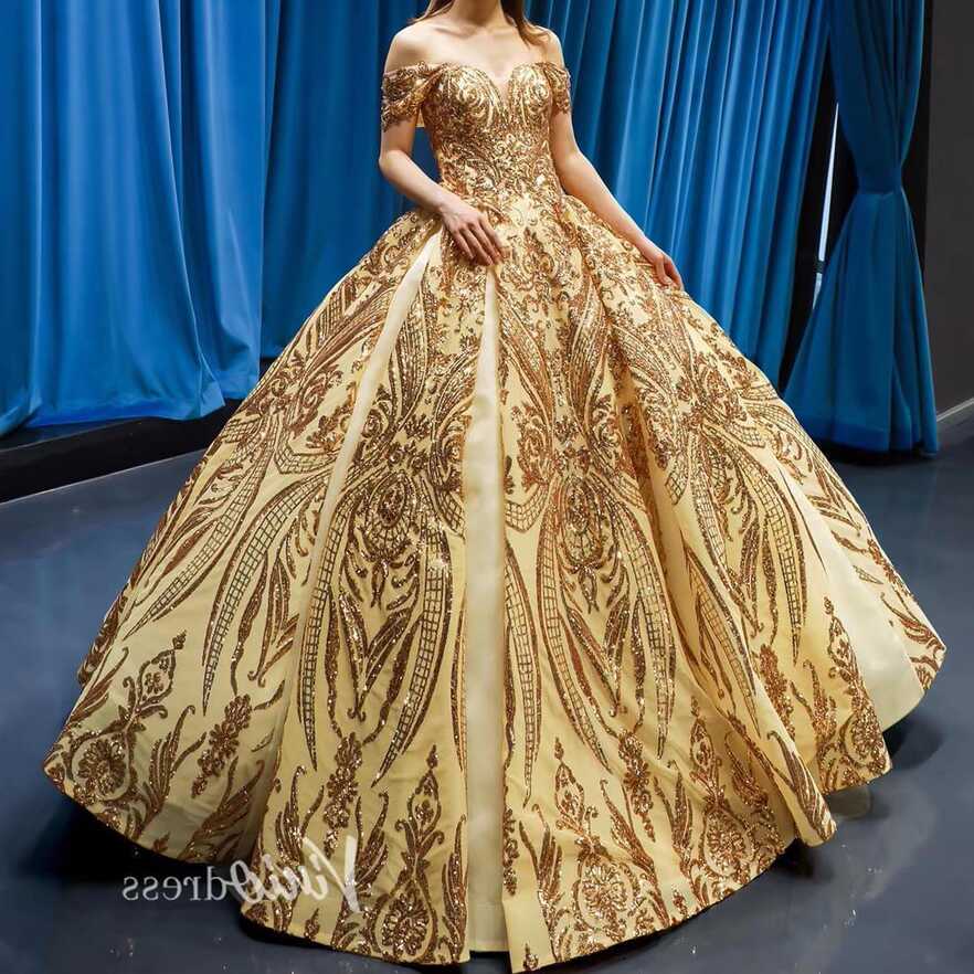 Sparkly Gold Lace Ball Gowns Off the Shoulder Prom Dresses 66709 ...