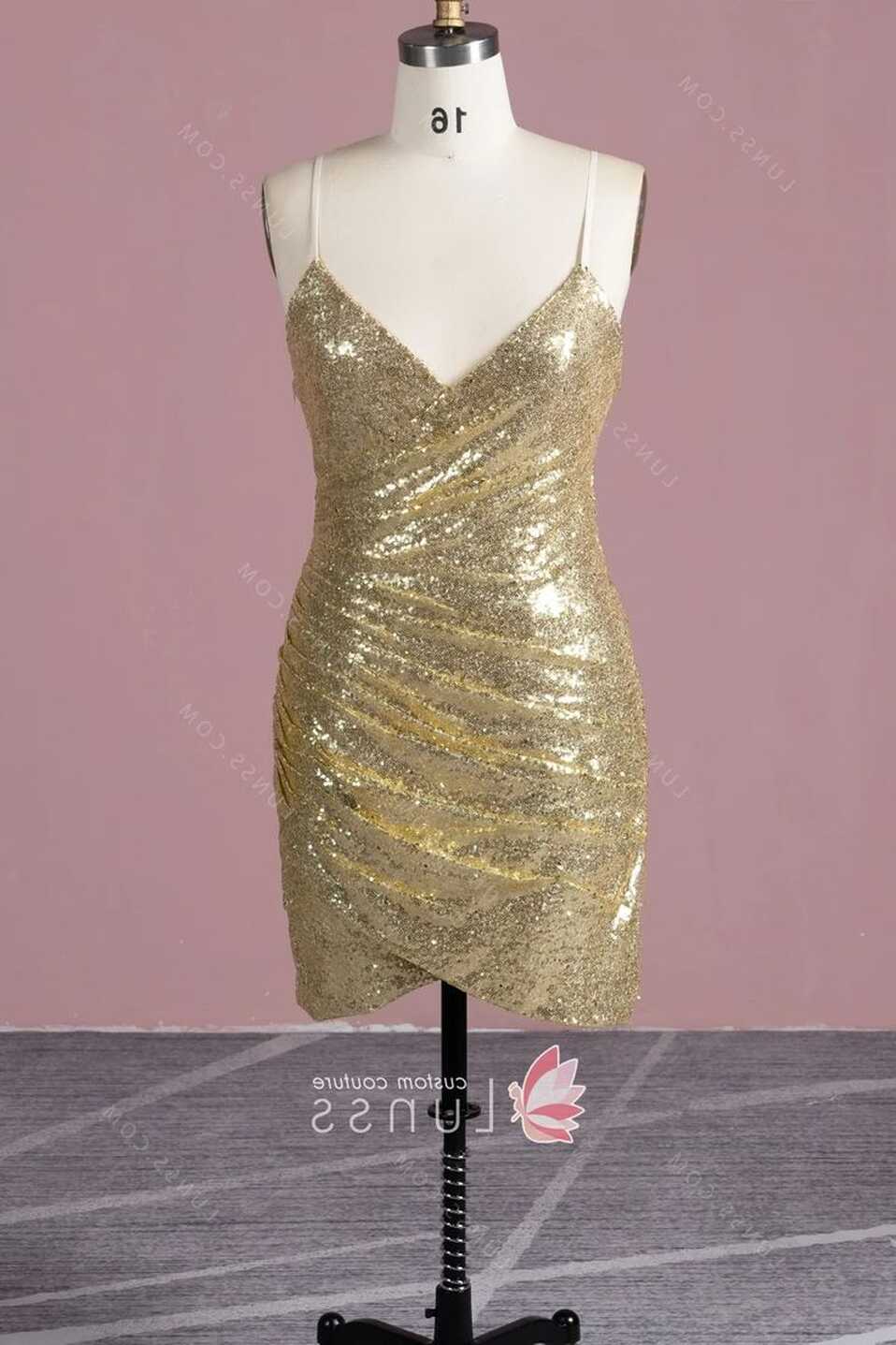 Sparkly Gold Sequin Short Ruched Cocktail Party Dress 1Y307