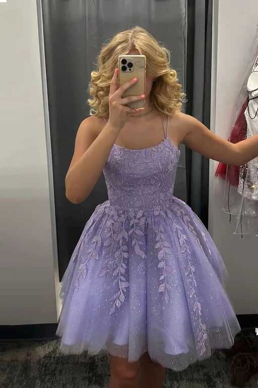 Sparkly Lavender Short Homecoming Dress Sleeveless Lace Applique ...