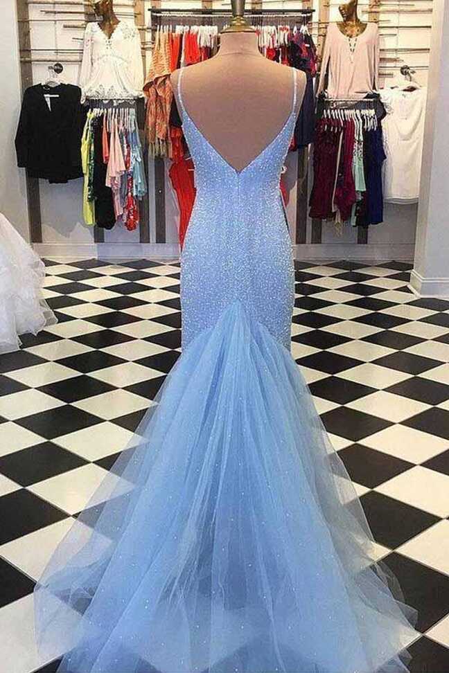 Sparkly Light Blue Mermaid Backless Prom Dresses PL481 | Promnova