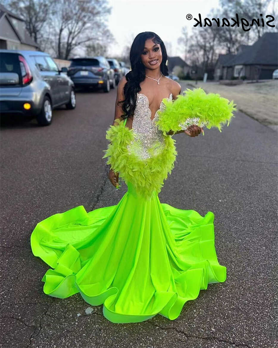 Sparkly Lime Green Prom Dress For Black Girls Sheer Mesh Glitter ...